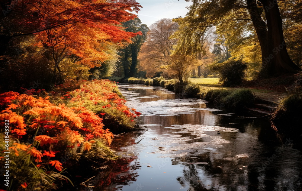 Autumn sunset  beautiful landscape,sun beam ,orange trees and colorful leaves on nature ,season 