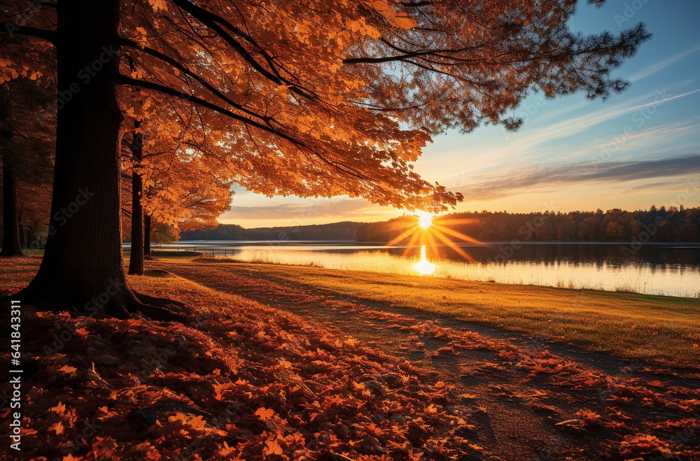 Autumn sunset  beautiful landscape,sun beam ,orange trees and colorful leaves on nature ,season 