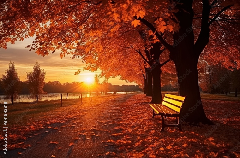 Autumn sunset  beautiful landscape,sun beam ,orange trees and colorful leaves on nature ,season 