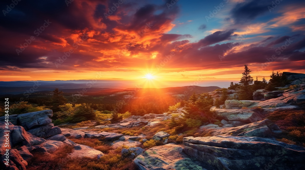 Autumn sunset  beautiful landscape,sun beam ,orange trees and colorful leaves on nature ,season 