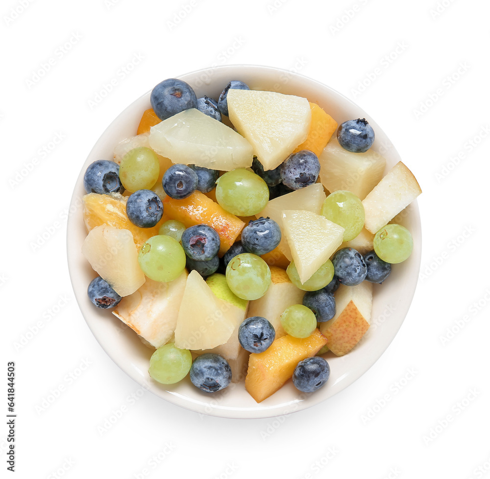 Bowl with fresh fruit salad on white background