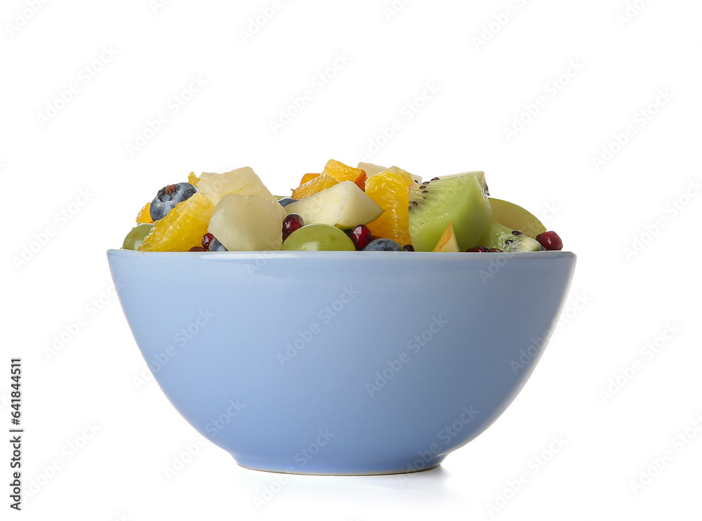 Bowl with fresh fruit salad on white background