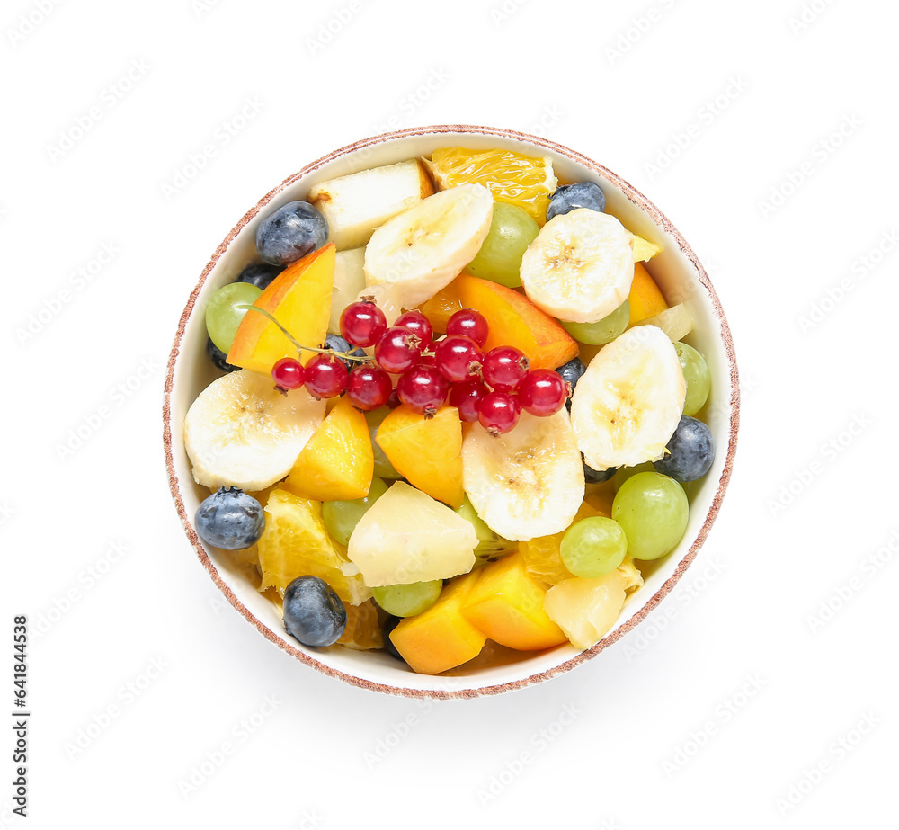 Bowl with fresh fruit salad on white background