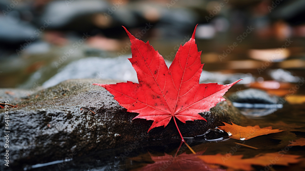 Crimson Reflections: Red Maple Leaf Adorning a Forest Stone by the Water