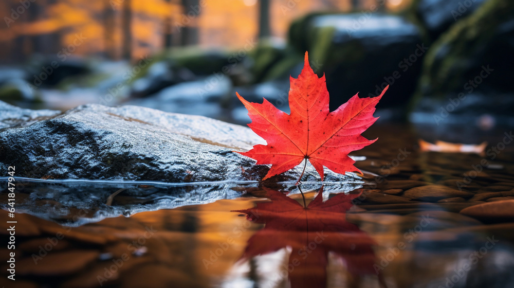 Natures Canvas: Vibrant Autumn Maple Leaf on a Stone, Reflecting in Water