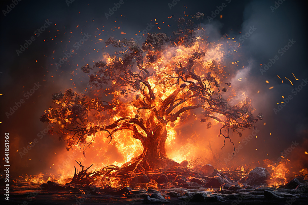 A huge old tree is burning, damaged by wildfires.