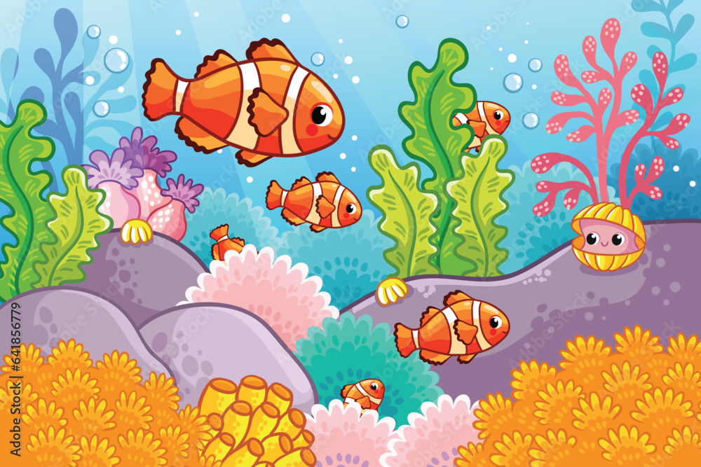 Cute sea fish among algae and shells. Vector illustration with a goldfish on a marine theme.