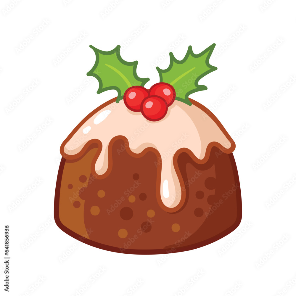 A cute traditional Christmas pudding with icing and holly. Vector illustration with cake isolated in