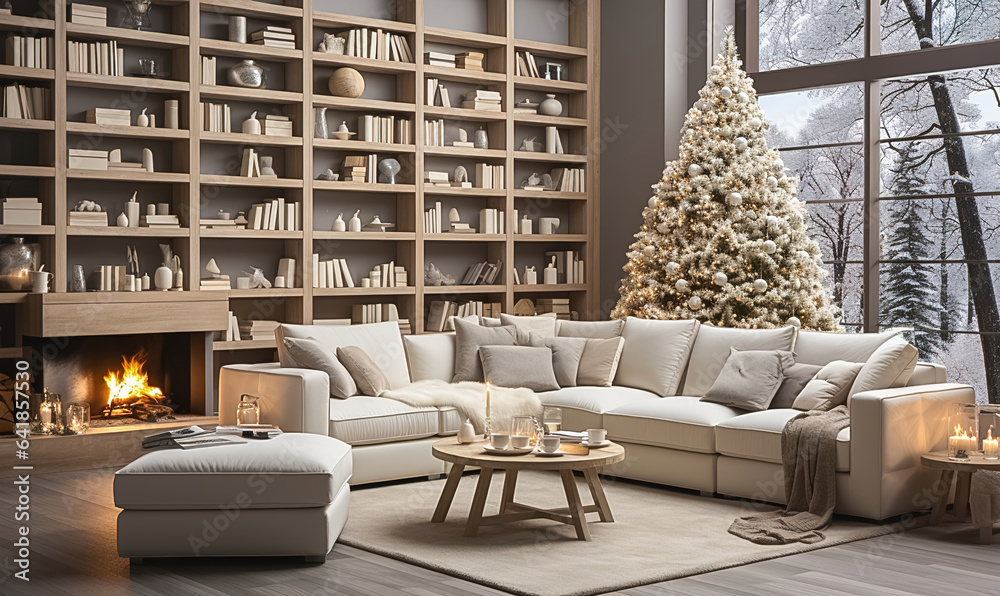 Stylish living room with Christmas tree in beige colors.