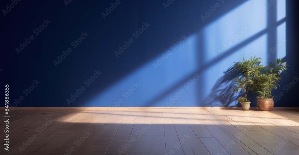 sapphire blue wall contrasting with a light pine floor, with the delicate dance of sunlight