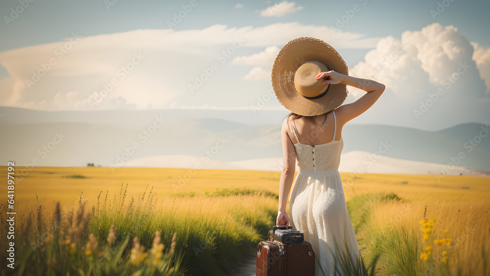 Full-length portrait of a young lady with a vintage suitcase in hands