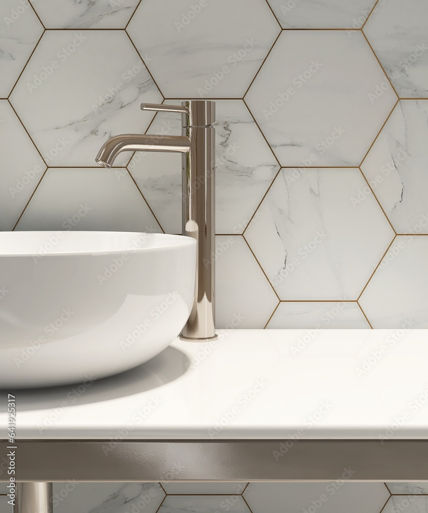 Gold steel vanity counter, white stone countertop, modern washbasin bowl in pastel blue hexagon tile