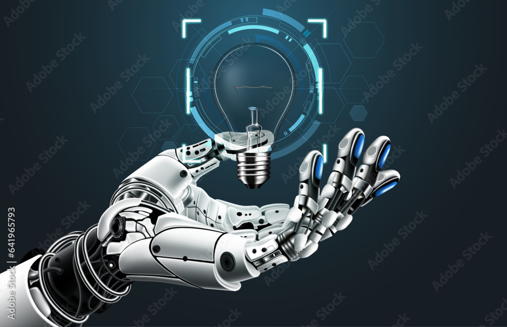 AI humanoid hand holding light bulb hologram, Future cybernetic artificial intelligence technology I