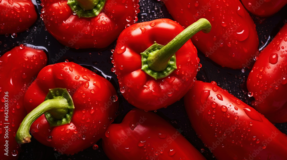 Fresh red bell peppers with water drops background. Vegetables backdrop. Generative AI