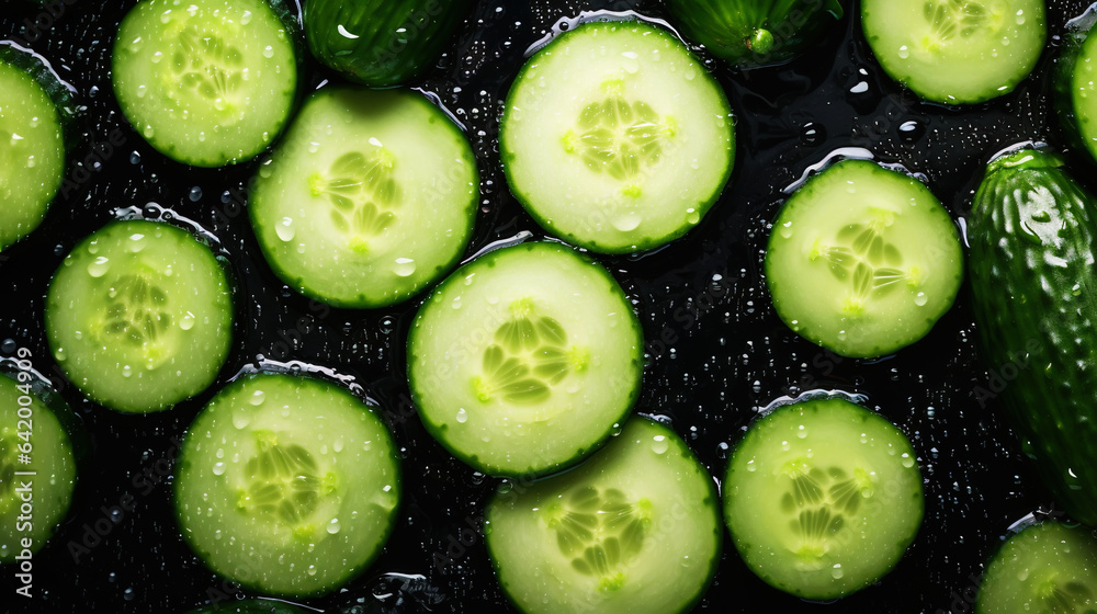 Fresh green cucumber slices with water drops background. Vegetables backdrop. Generative AI