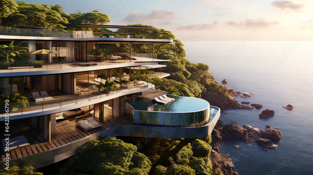 Luxury contemporaty villa on a mountain hill with a view on ocean. Generative AI