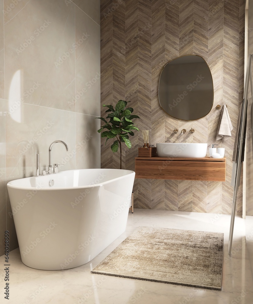 White marble floor and wall bathroom with freestanding bathtub, wooden vanity counter table, washbas