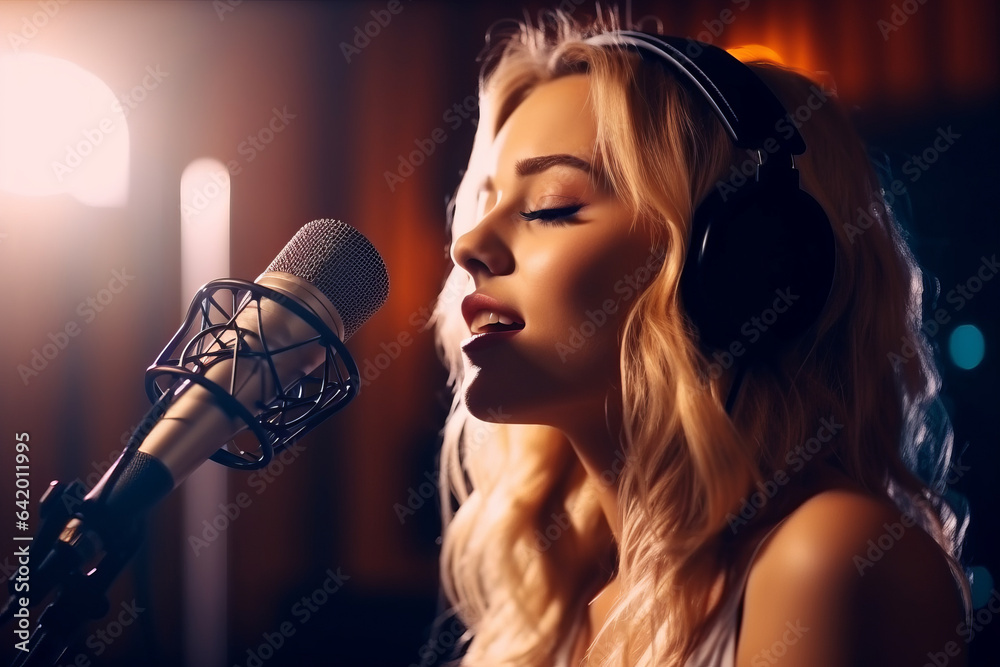 Blonde caucasian pop star woman singing in front of a microphone recording song in a music studio pr