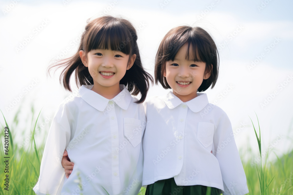 Two young asian schoolgirls in casual school uniform in a green park