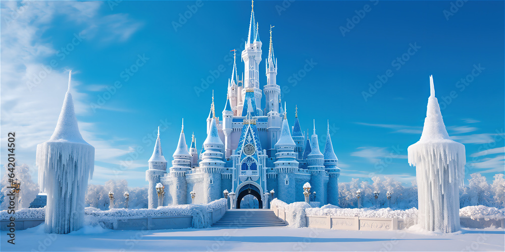 Magic Castle in a winter wonderland. Fantasy snowy landscape. Winter castle on the mountain, winter 