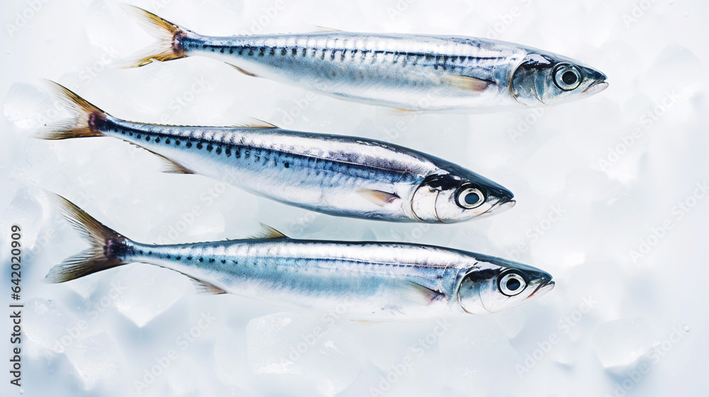 Fresh mackerel fish (Scomber scrombrus) on ice. Seafood background. Generative AI