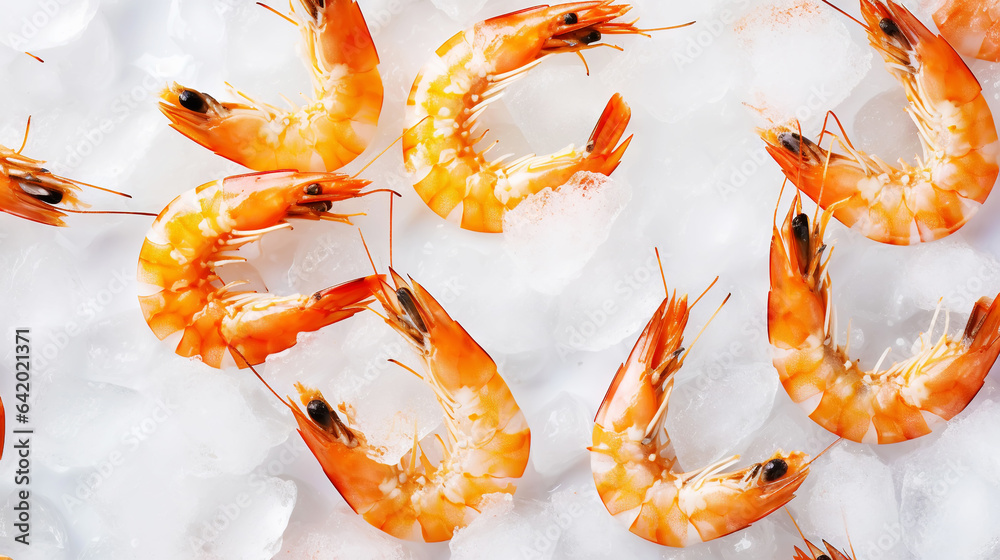 Top view of raw whole king prawns on ice. Seafood background. Generative AI