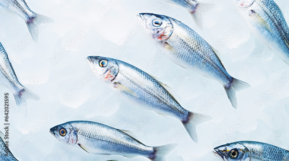 Fresh Horse Mackerel, trachurus on Ice. Seafood background. Generative AI