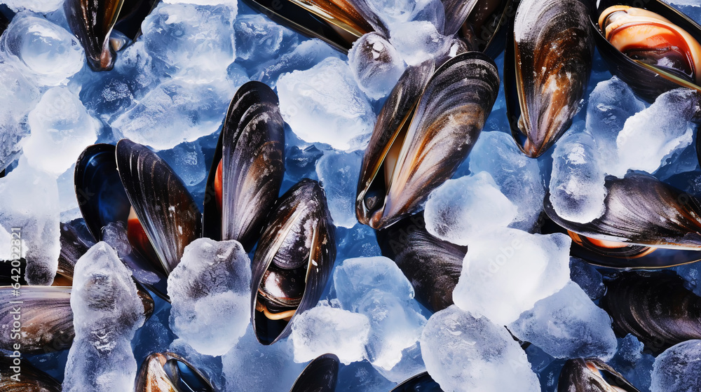 Raw Mussels on ice in the restaurant . Fresh seafood shellfish background. Generative AI