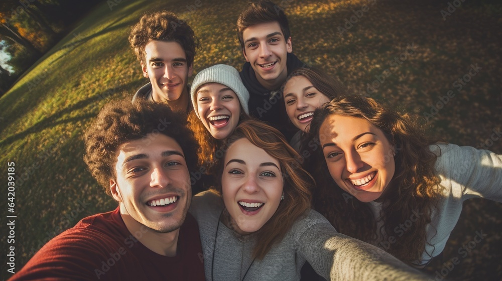 Aerial Selfie: Friends Joyful Gathering Captured From Above