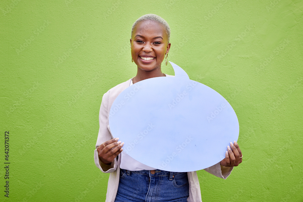 Black woman, speech bubble and portrait for smile, space or mockup for opinion by green wall backgro