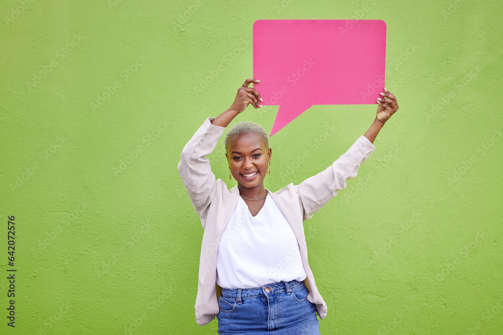 Black woman, speech bubble and portrait for poster, space or mockup with opinion by green wall backg