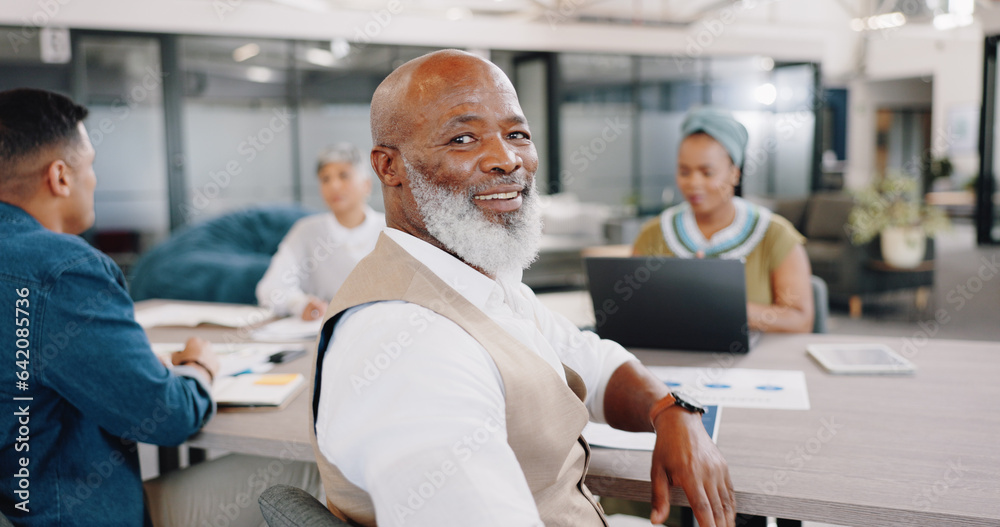 Smile, meeting and portrait of black man in office with corporate business people. Strategy, plannin