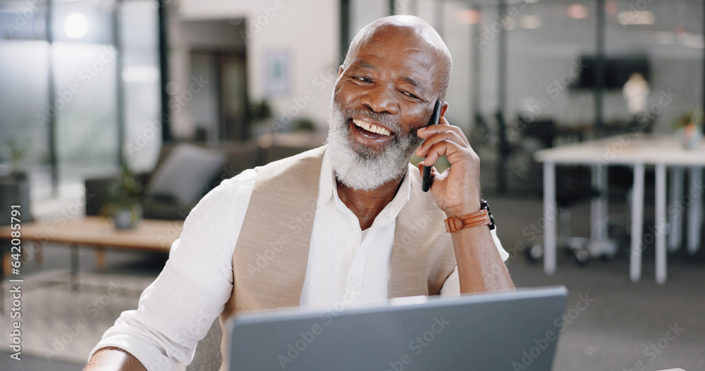 Black man, phone call or happy senior businessman in office for networking, good news or deal negoti