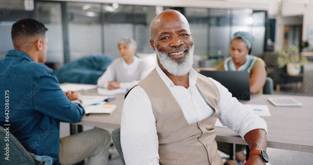 Leadership, meeting and portrait of mature black man in office with corporate business people. Strat