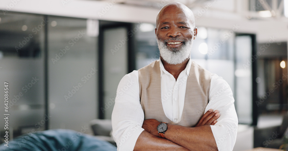 Portrait, corporate and senior man with arms crossed, smile and formal in a workplace, career and ex