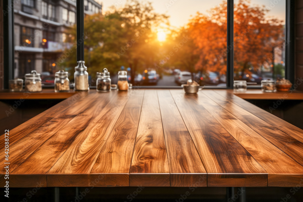 Wooden table sitting in front of window next to forest.