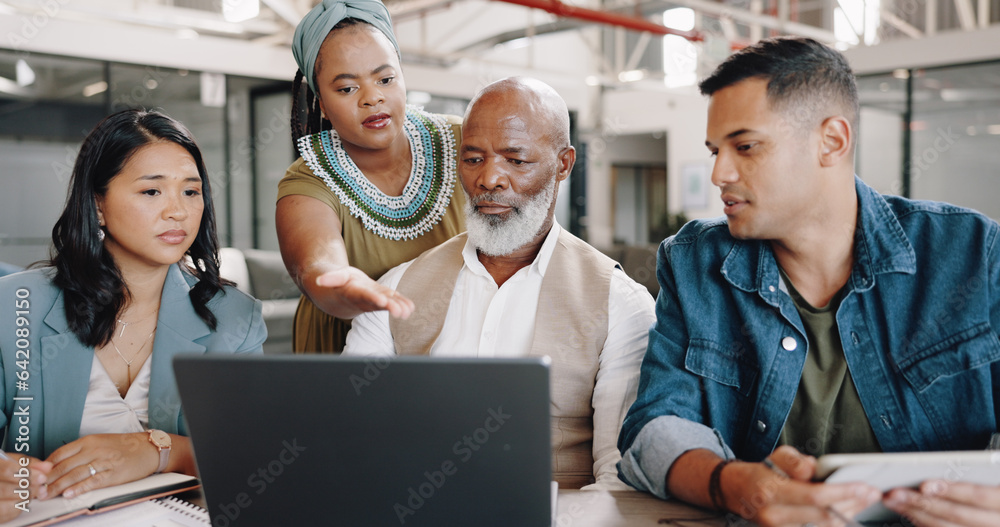 Laptop, teamwork or business people in meeting problem solving on an online strategy or data analyti