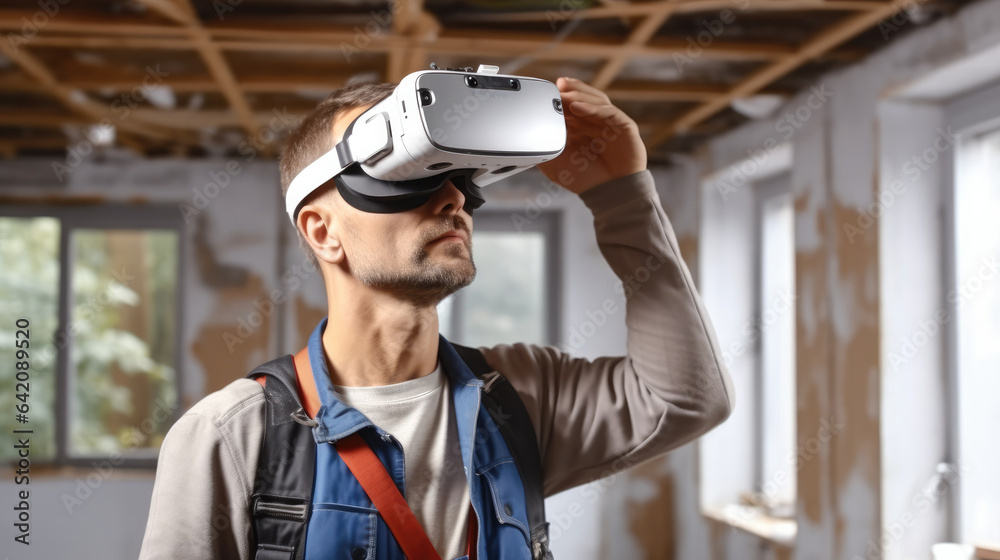 Construction worker wearing virtual reality goggles during analyzing building structure at the const