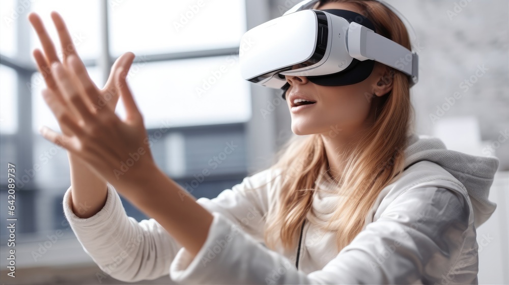 Asian woman Architect designer wearing VR headset for BIM technology working together design 3D mode