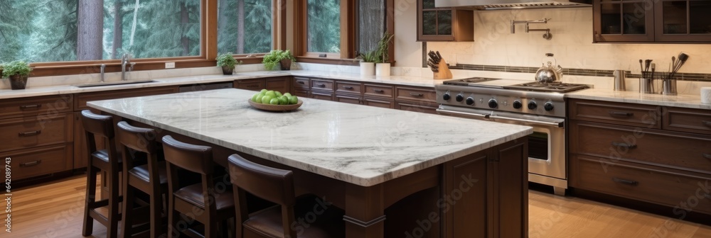 Kitchen interior with brown cabinets granite countertop island and hardwood floor at modern house.