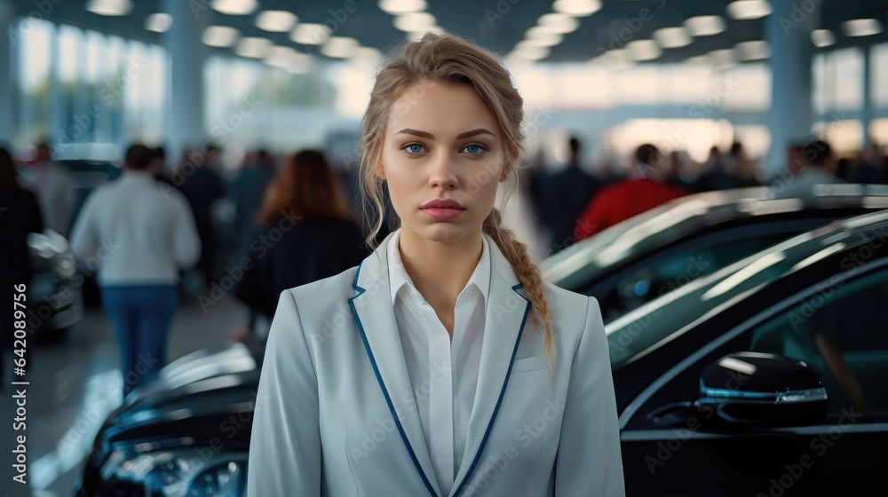 Car salesman, Attractive young woman client is buying new comfort luxury auto at showroom.