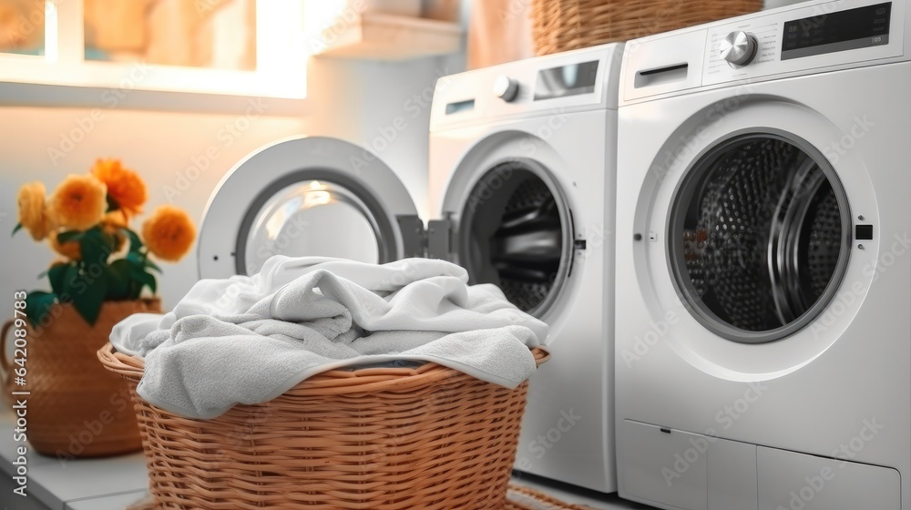 Laundry room with washing machine and laundry basket.