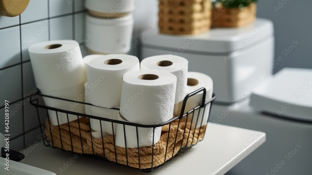 Basket with paper rolls on ceramic toilet bowl in modern bathroom.