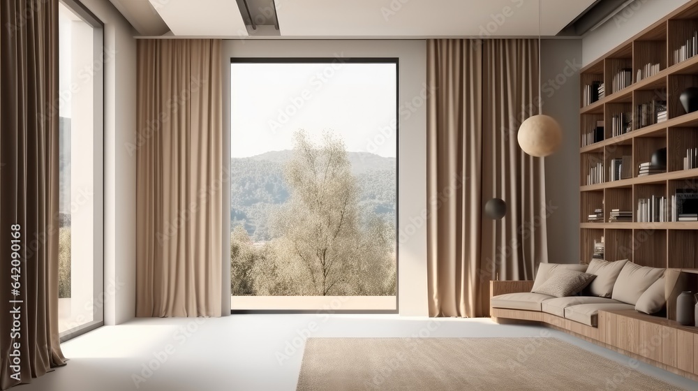 Beige living room interior with sofa and curtains near window at city.