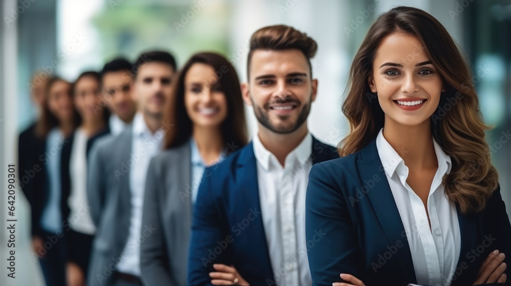 Business people standing in a row formal cloth smile confident and cheerful in modern office backgro