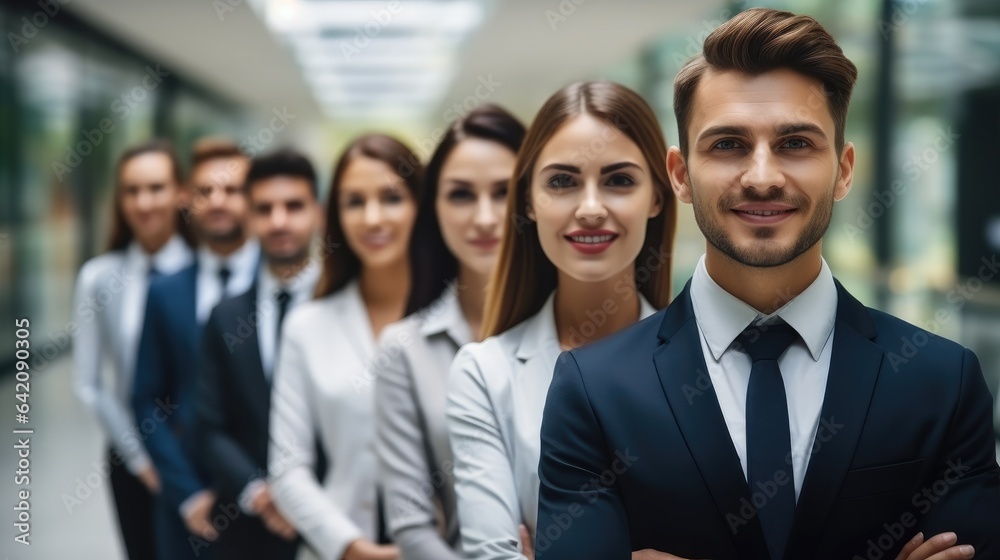 Business people standing in a row formal cloth smile confident and cheerful in modern office backgro