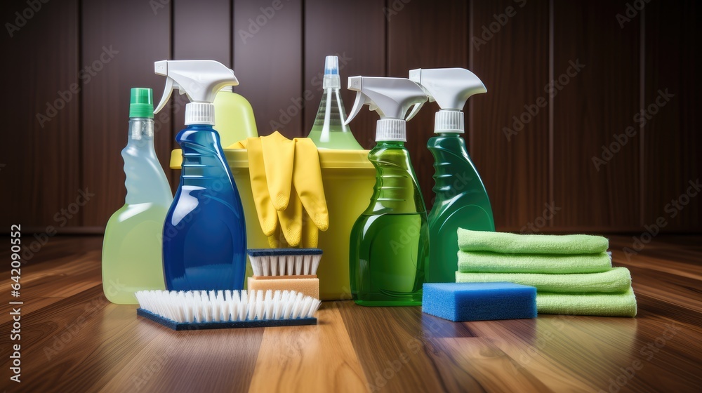 Cleaning tools and products on floor, Showcasing a cleaning company services.