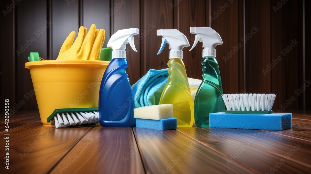 Cleaning tools and products on floor, Showcasing a cleaning company services.