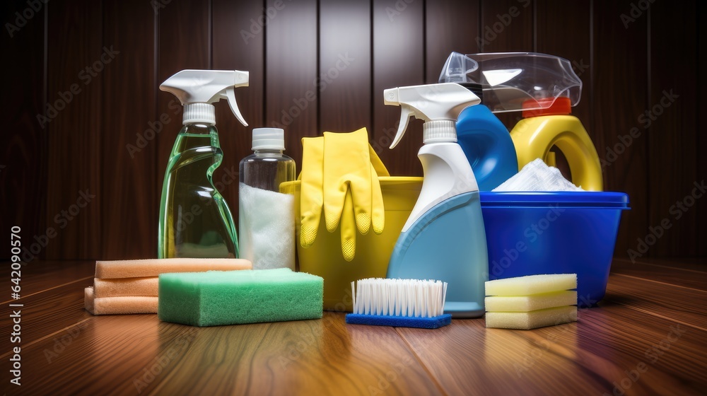 Cleaning tools and products on floor, Showcasing a cleaning company services.