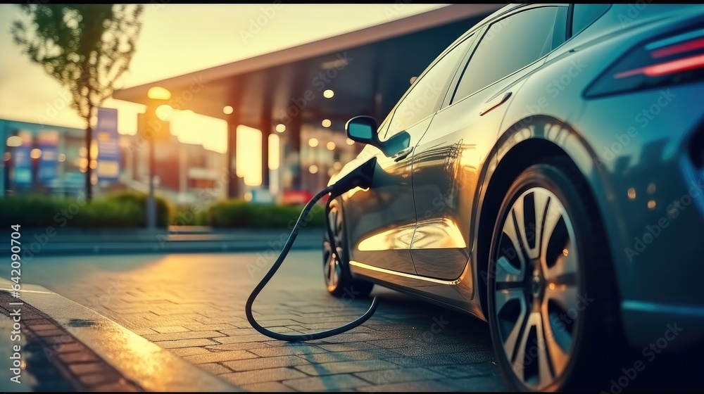 Electric modern vehicle charged with electrofuels at car electric station.